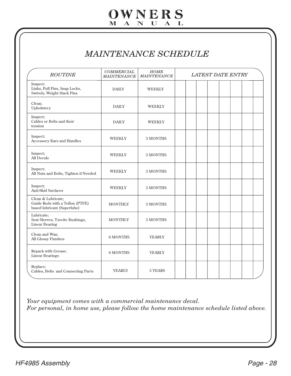 Maintenance schedule | Hoist Fitness HF4985 User Manual | Page 29 / 32