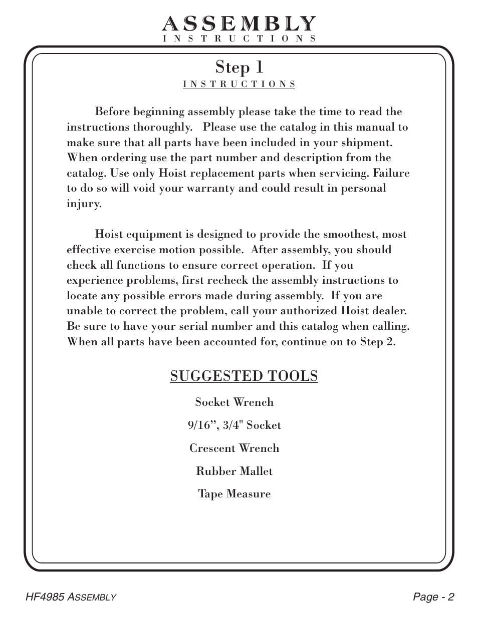 Step 1, Suggested tools | Hoist Fitness HF4985 User Manual | Page 3 / 32