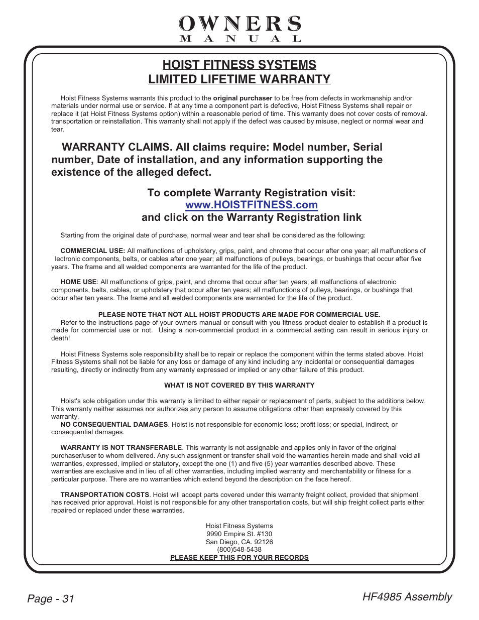 Hoist fitness systems limited lifetime warranty | Hoist Fitness HF4985 User Manual | Page 32 / 32