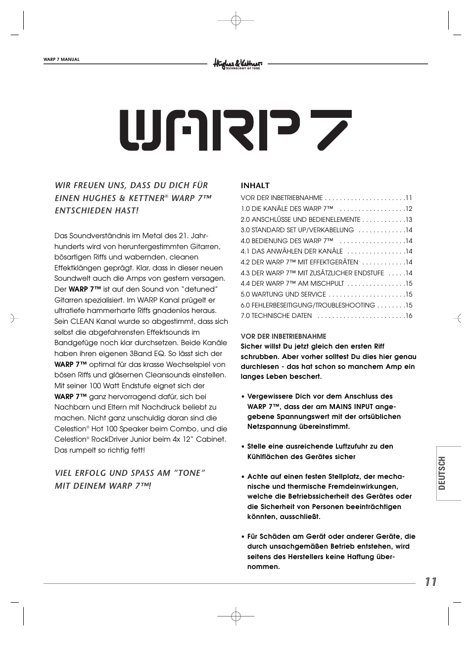 Warp 7™ entschieden hast, Viel erfolg und spass am ”tone” mit deinem warp 7 | Hughes WARP7 User Manual | Page 11 / 36