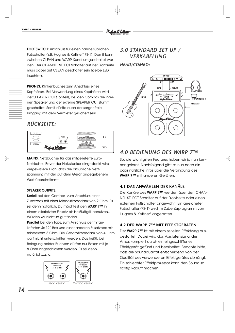 Rückseite, 0 standard set up / verkabelung, 0 bedienung des warp 7 | Head/combo | Hughes WARP7 User Manual | Page 14 / 36