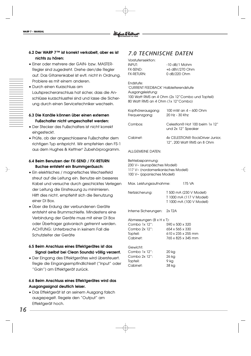 0 technische daten | Hughes WARP7 User Manual | Page 16 / 36
