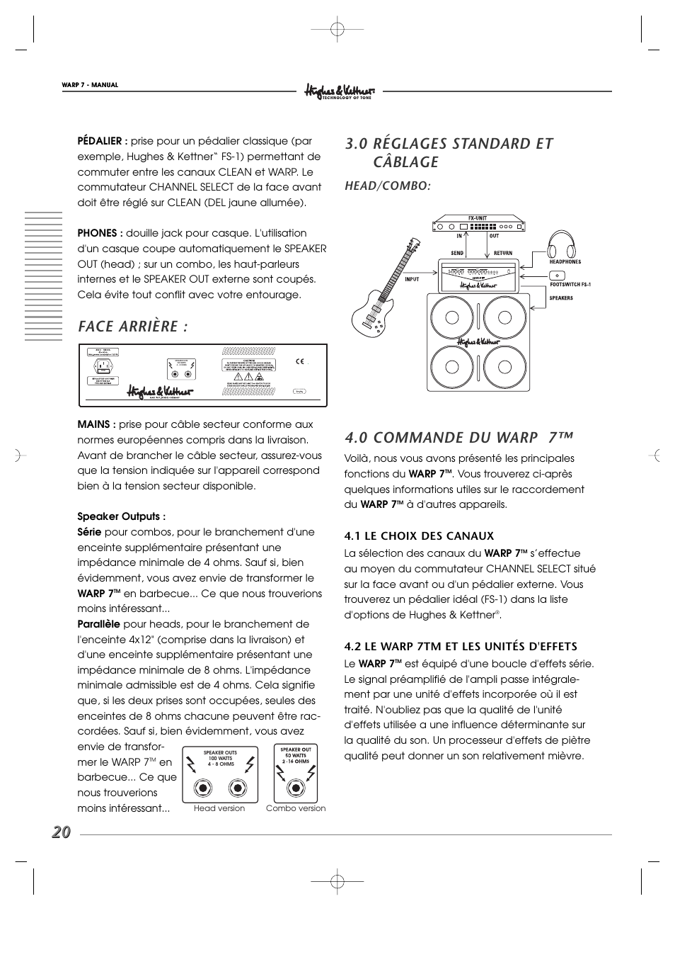 Face arrière, 0 réglages standard et câblage, 0 commande du warp 7 | Head/combo | Hughes WARP7 User Manual | Page 20 / 36