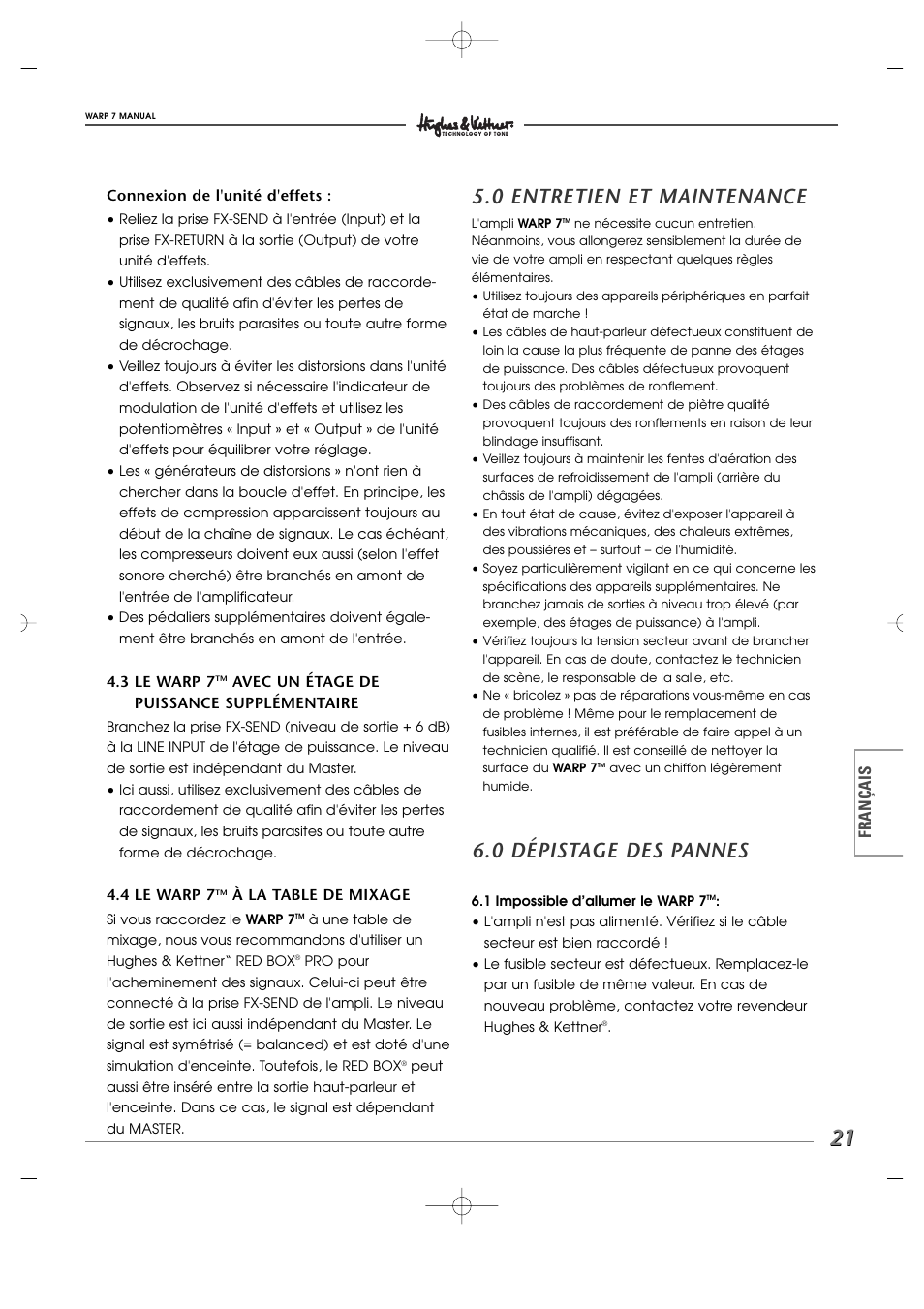 0 entretien et maintenance, 0 dépistage des pannes, Français | Hughes WARP7 User Manual | Page 21 / 36