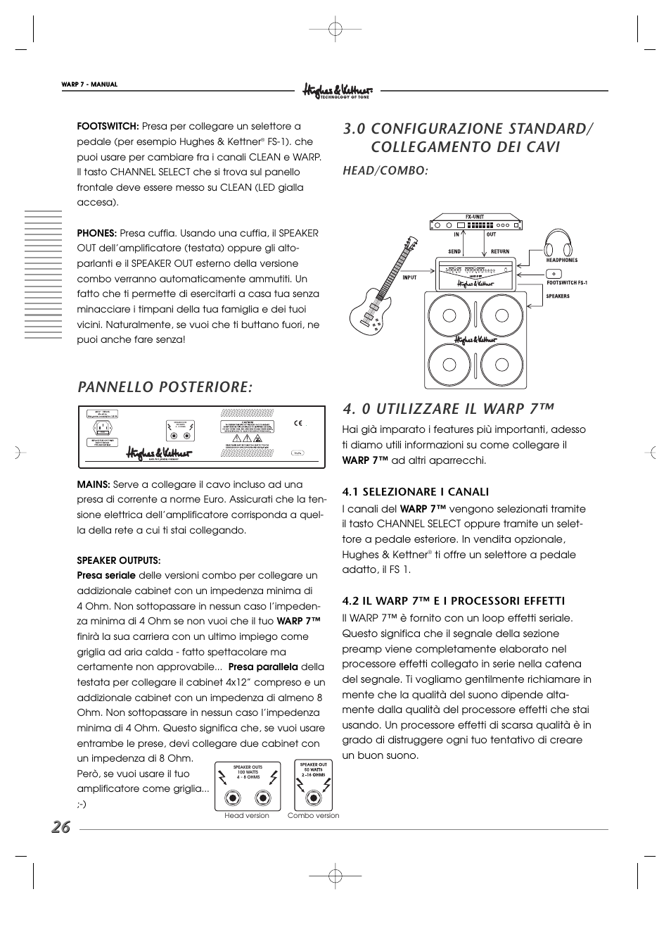 Pannello posteriore, 0 configurazione standard/ collegamento dei cavi, 0 utilizzare il warp 7 | Head/combo | Hughes WARP7 User Manual | Page 26 / 36