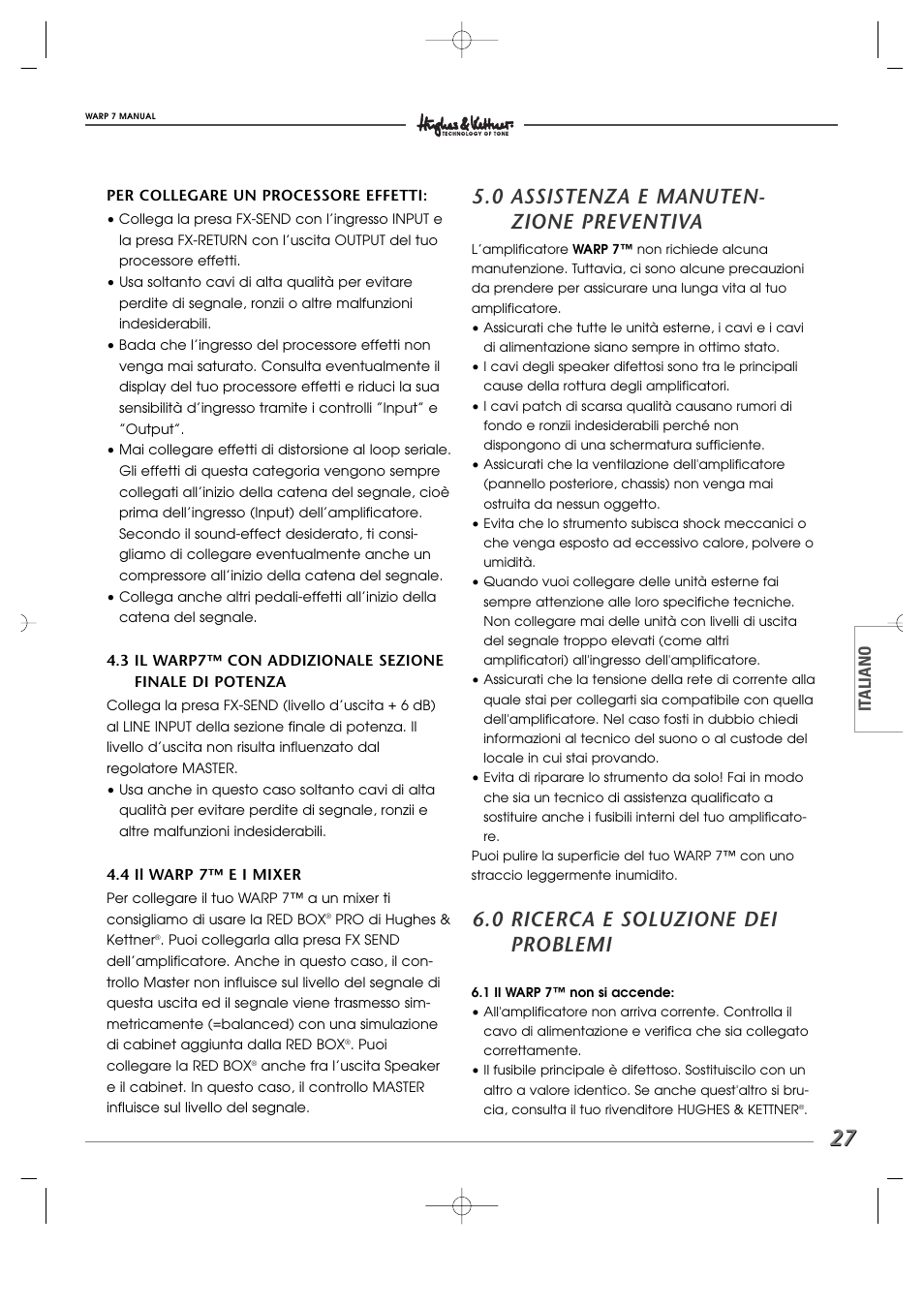 0 assistenza e manuten- zione preventiva, 0 ricerca e soluzione dei problemi | Hughes WARP7 User Manual | Page 27 / 36