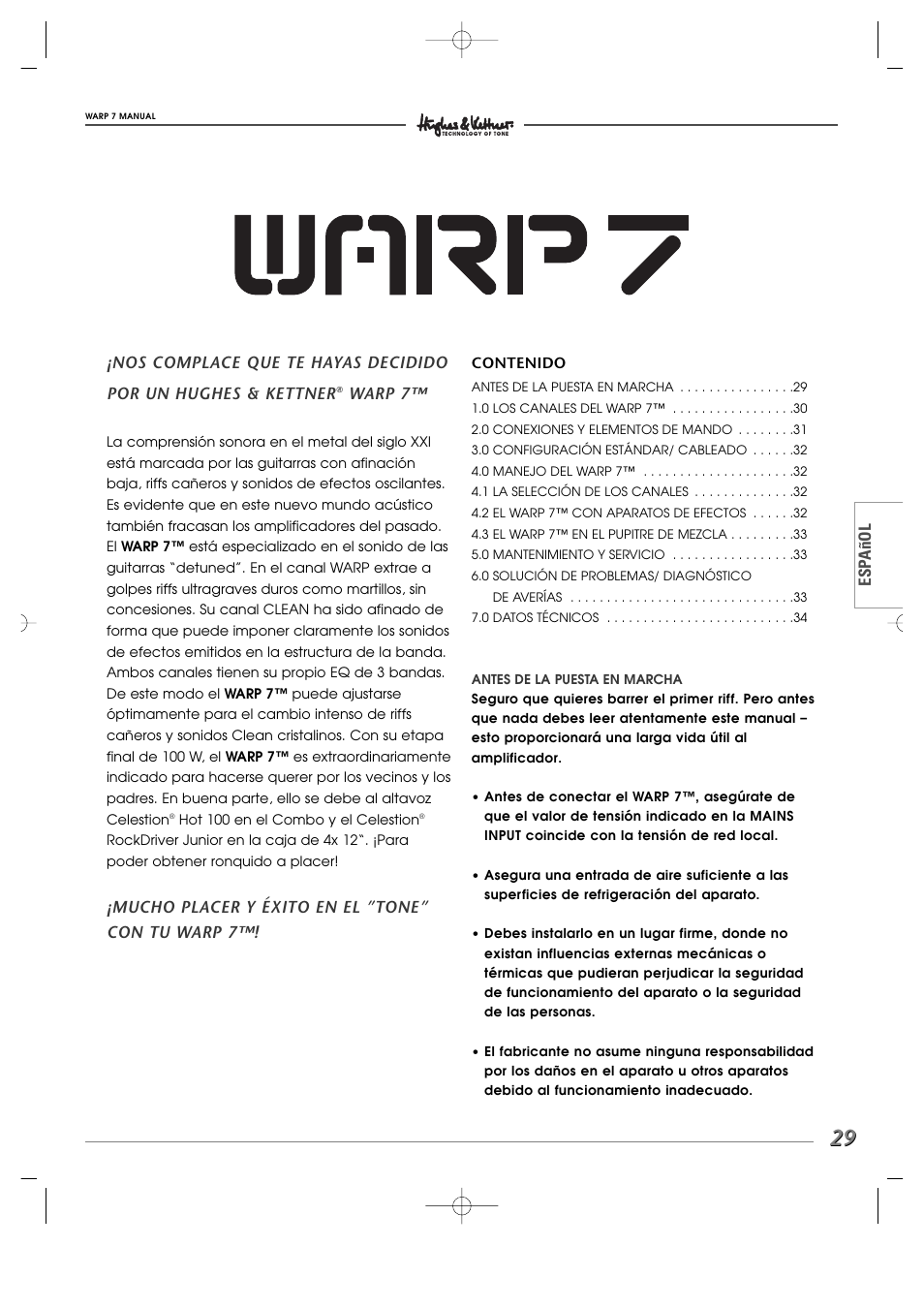 Warp 7, Mucho placer y éxito en el ”tone” con tu warp 7 | Hughes WARP7 User Manual | Page 29 / 36