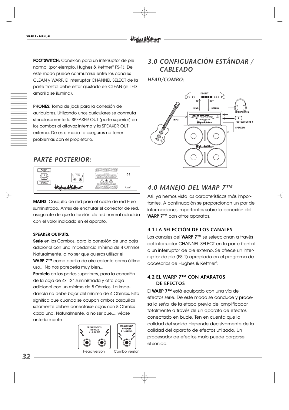 Parte posterior, 0 configuración estándar / cableado, 0 manejo del warp 7 | Head/combo | Hughes WARP7 User Manual | Page 32 / 36