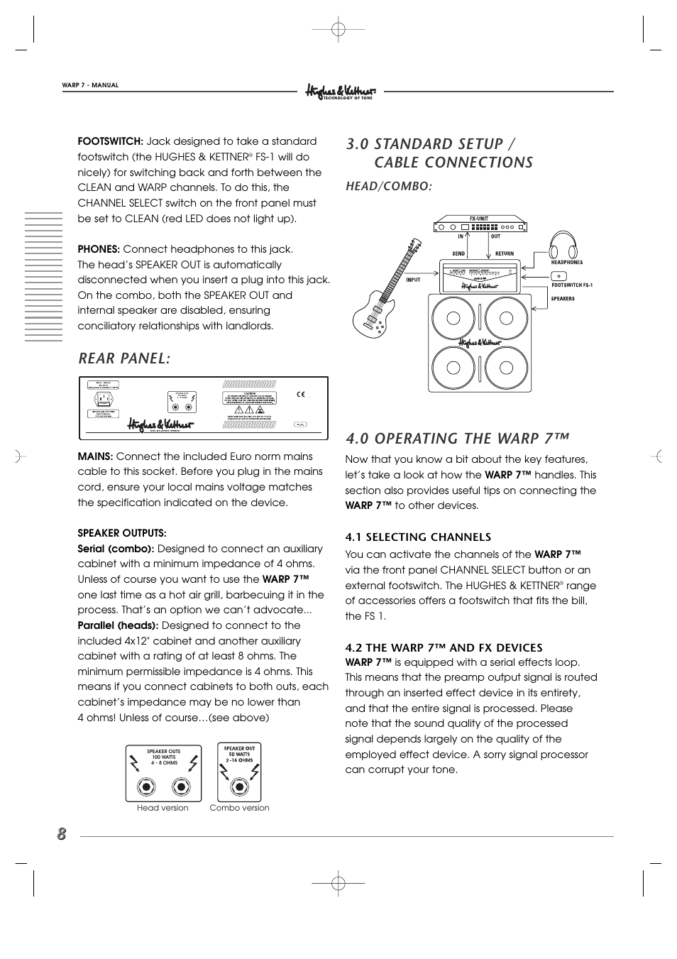 Rear panel, 0 standard setup / cable connections, 0 operating the warp 7 | Head/combo | Hughes WARP7 User Manual | Page 8 / 36