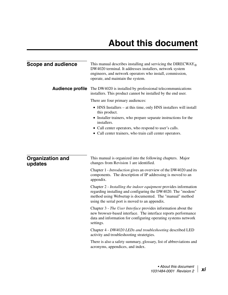 About this document, Scope and audience, Audience profile | Organization and updates | Hughes DIRECWAY DW4020 User Manual | Page 11 / 136