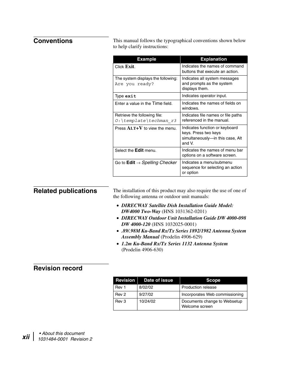 Conventions, Related publications, Revision record | Hughes DIRECWAY DW4020 User Manual | Page 12 / 136