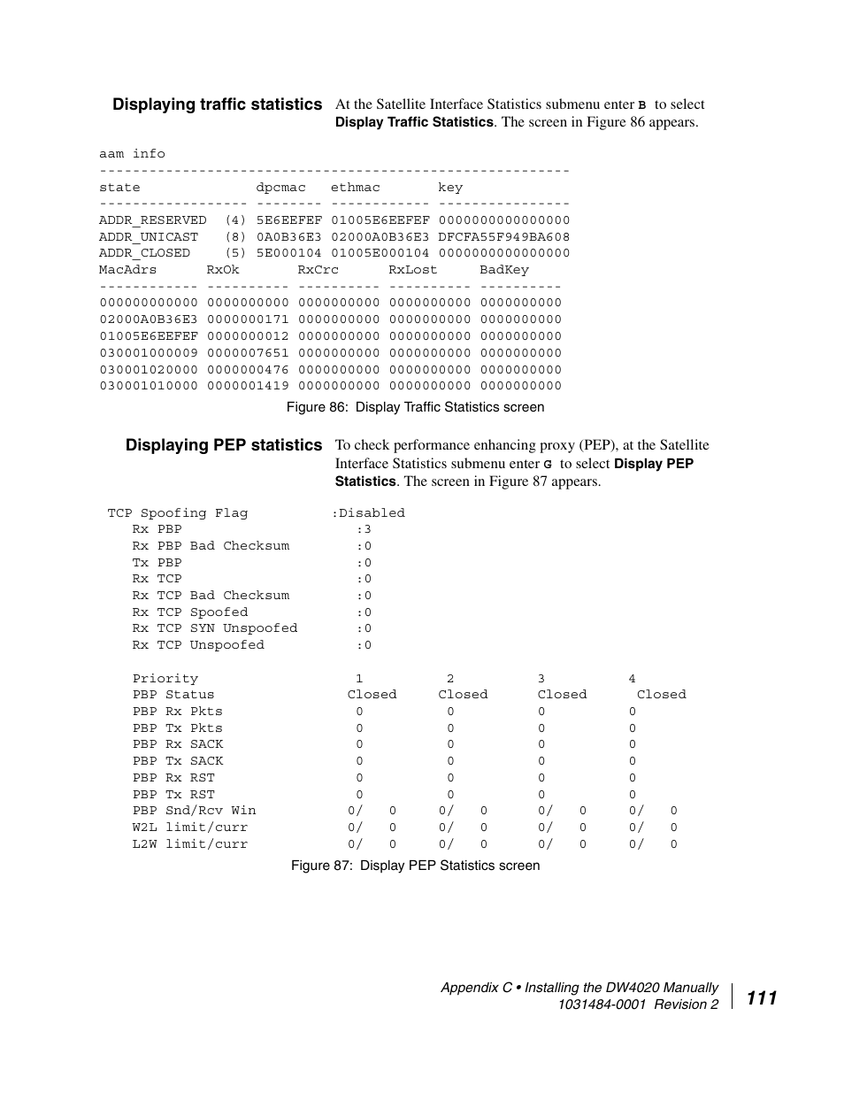 Displaying traffic statistics, Displaying pep statistics | Hughes DIRECWAY DW4020 User Manual | Page 123 / 136