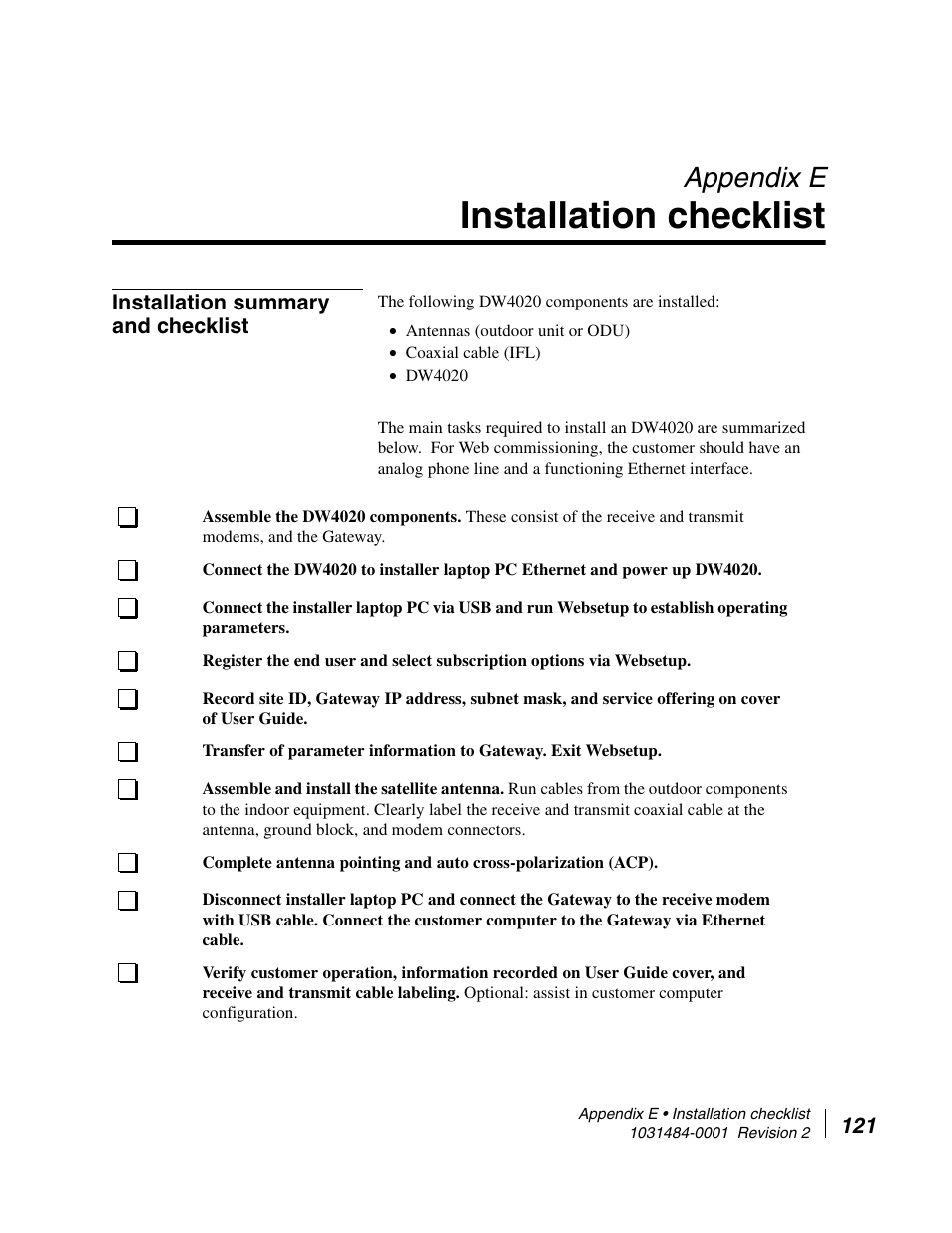 Installation checklist, Installation summary and checklist, Appendix e installation checklist | Appendix e | Hughes DIRECWAY DW4020 User Manual | Page 133 / 136