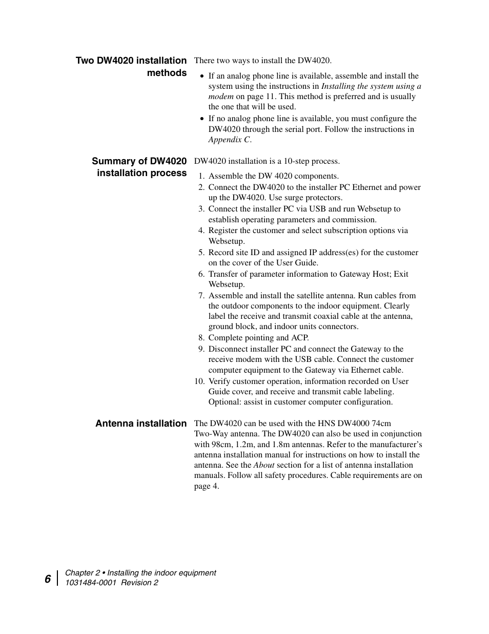 Two dw4020 installation methods, Summary of dw4020 installation process, Antenna installation | Hughes DIRECWAY DW4020 User Manual | Page 18 / 136