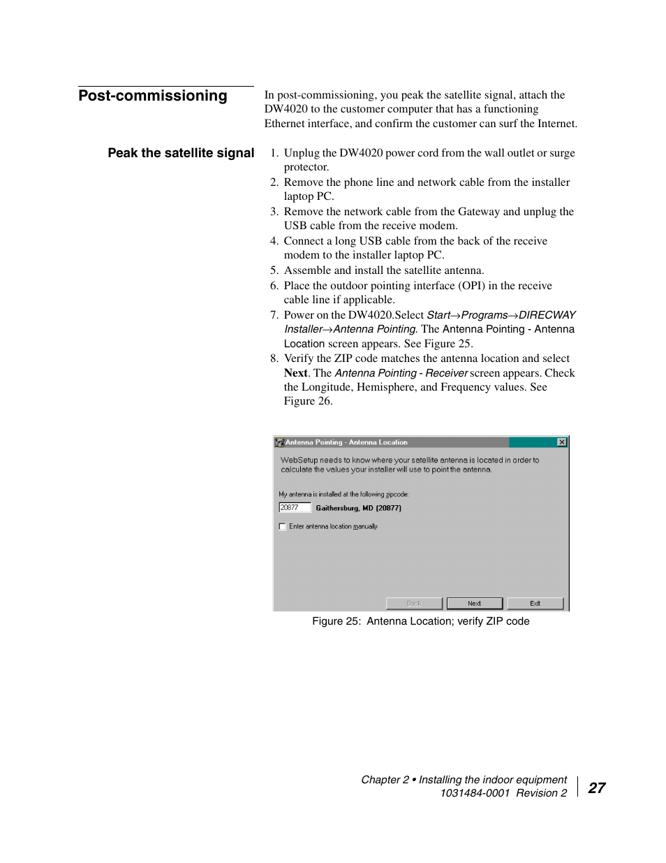 Post-commissioning, Peak the satellite signal, 27 post-commissioning | Hughes DIRECWAY DW4020 User Manual | Page 39 / 136