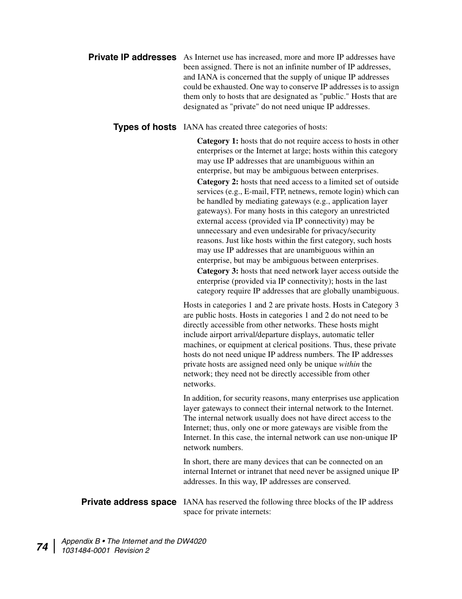 Private ip addresses, Types of hosts, Private address space | Hughes DIRECWAY DW4020 User Manual | Page 86 / 136