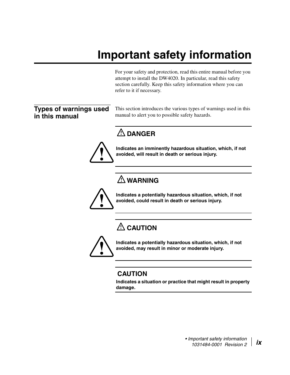 Important safety information, Types of warnings used in this manual | Hughes DIRECWAY DW4020 User Manual | Page 9 / 136