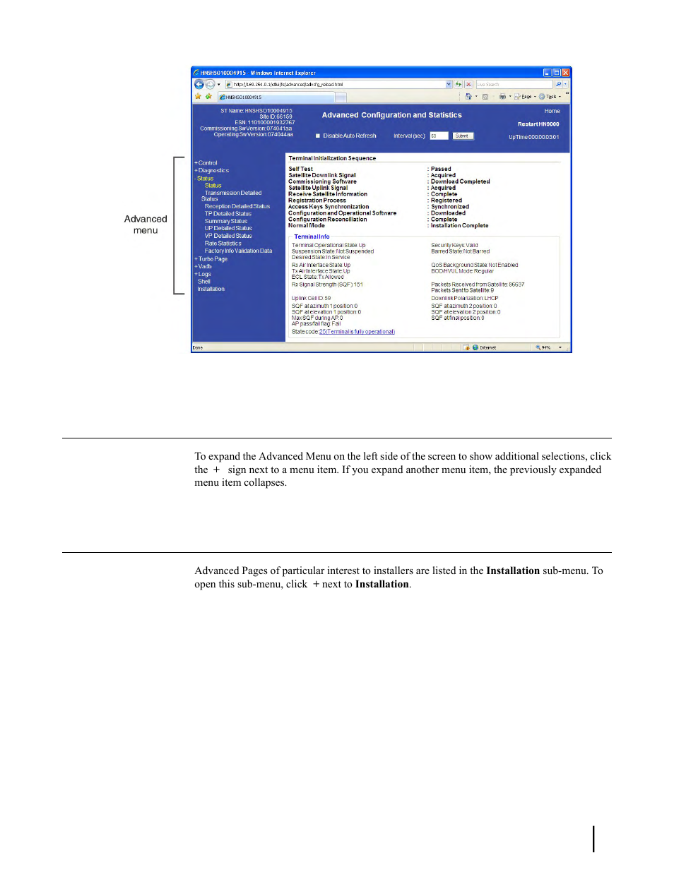 Expanding and collapsing menus, Opening the installation sub-menu, Figure 63: advanced | Hughes SATELLITE HN9000 User Manual | Page 121 / 154