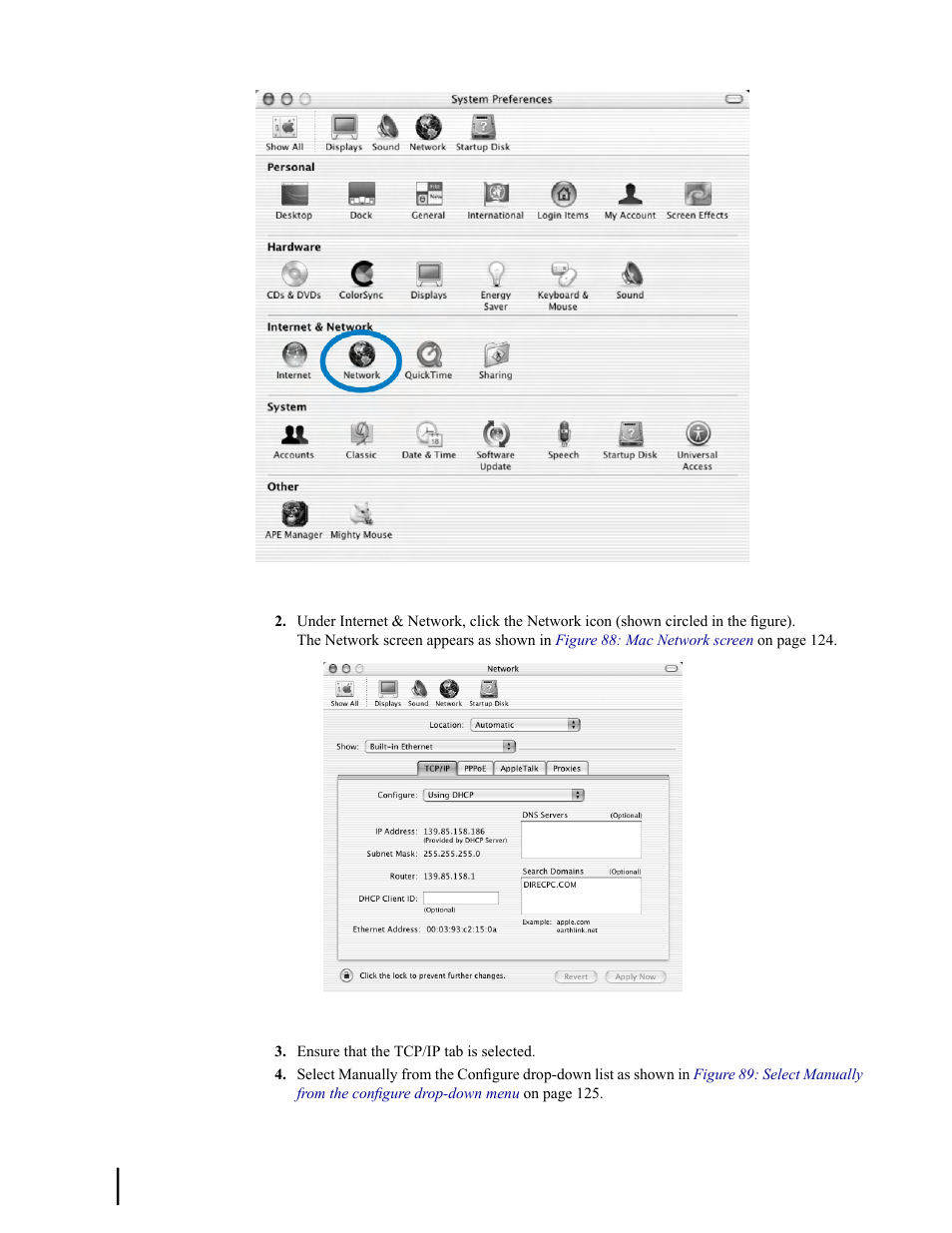 Figure 87: mac system preferences menu, Figure 88: mac network screen | Hughes SATELLITE HN9000 User Manual | Page 140 / 154