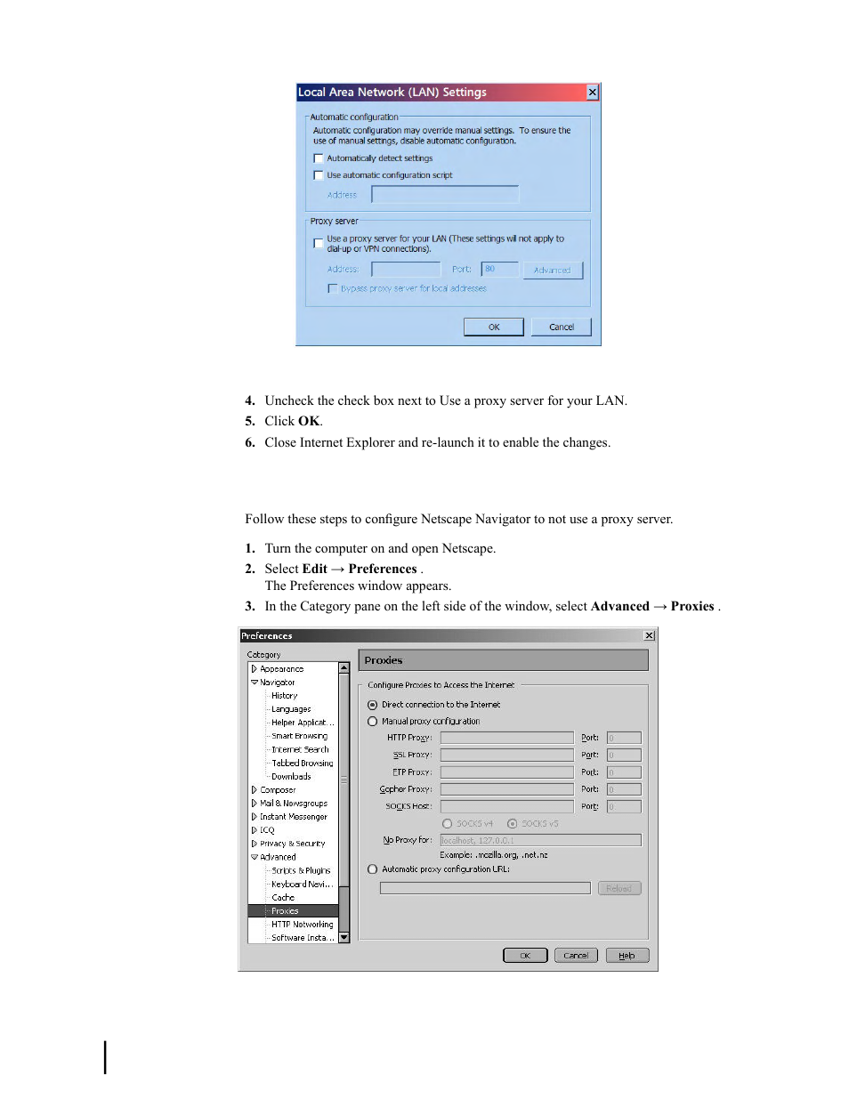 Configuring netscape to not use a proxy server, Figure 90: lan settings – internet explorer | Hughes SATELLITE HN9000 User Manual | Page 142 / 154