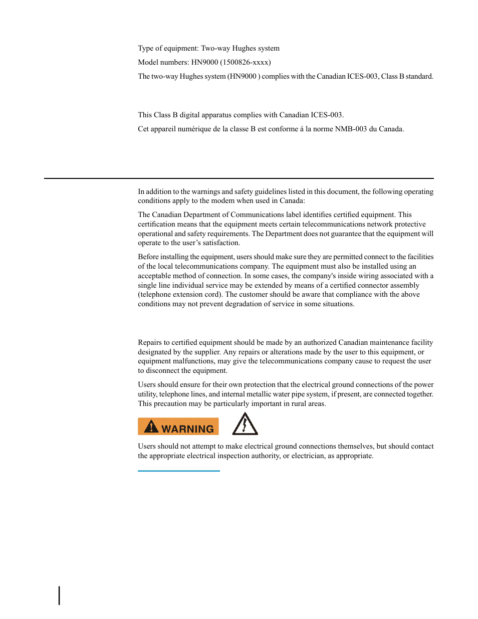 Canada class b warning, Operational and safety requirements for canada, Repairs in canada | Hughes SATELLITE HN9000 User Manual | Page 146 / 154
