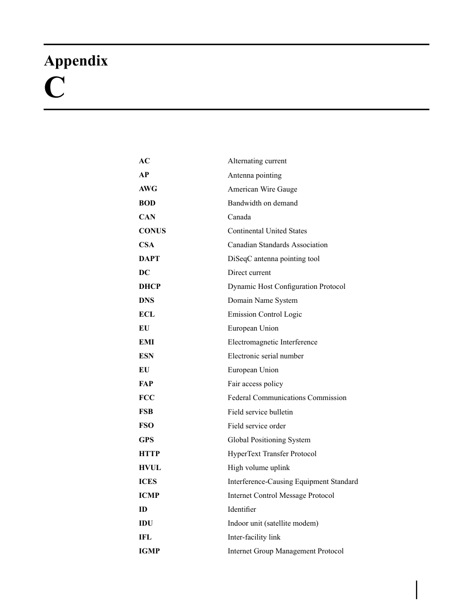 Acronyms used in this guide, Appendix c: acronyms used in this guide, Acronyms | Used in this guide, Appendix | Hughes SATELLITE HN9000 User Manual | Page 147 / 154