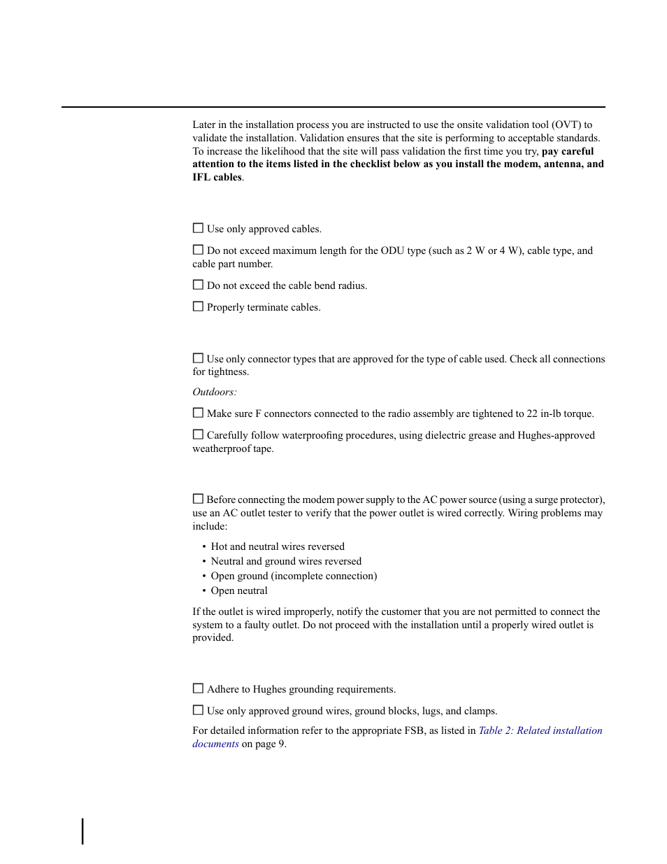 Installation checklist | Hughes SATELLITE HN9000 User Manual | Page 24 / 154