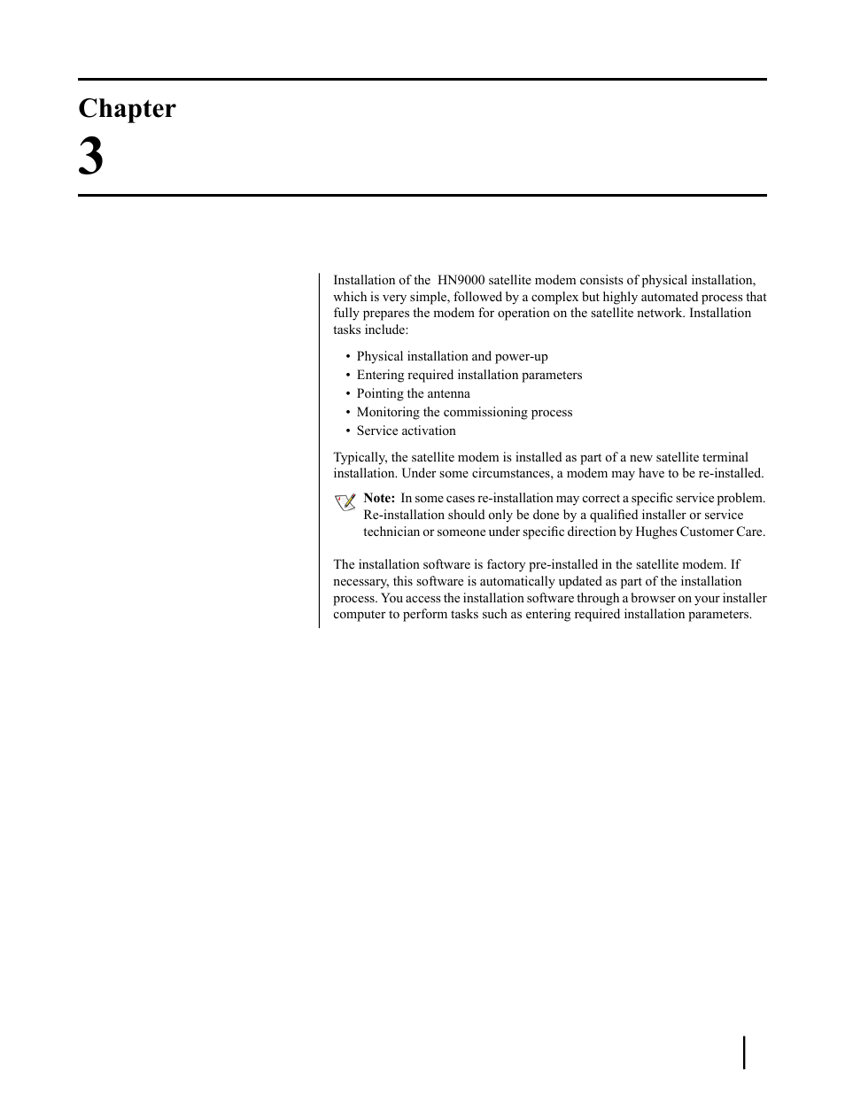 Installing the satellite modem, Chapter 3: installing the satellite modem, Chapter | Hughes SATELLITE HN9000 User Manual | Page 33 / 154