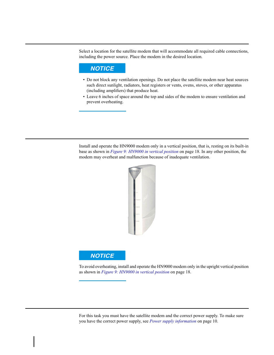 Selecting the modem location, Modem operating position, Powering up the modem | Figure 9: hn9000 in vertical position | Hughes SATELLITE HN9000 User Manual | Page 34 / 154