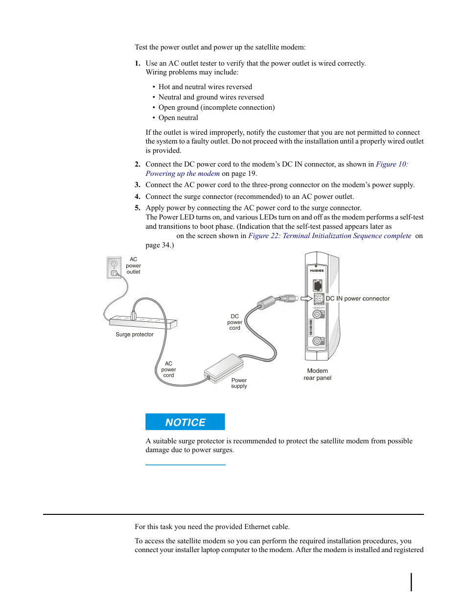 Connecting the installer laptop to the modem, Figure 10: powering up the modem | Hughes SATELLITE HN9000 User Manual | Page 35 / 154
