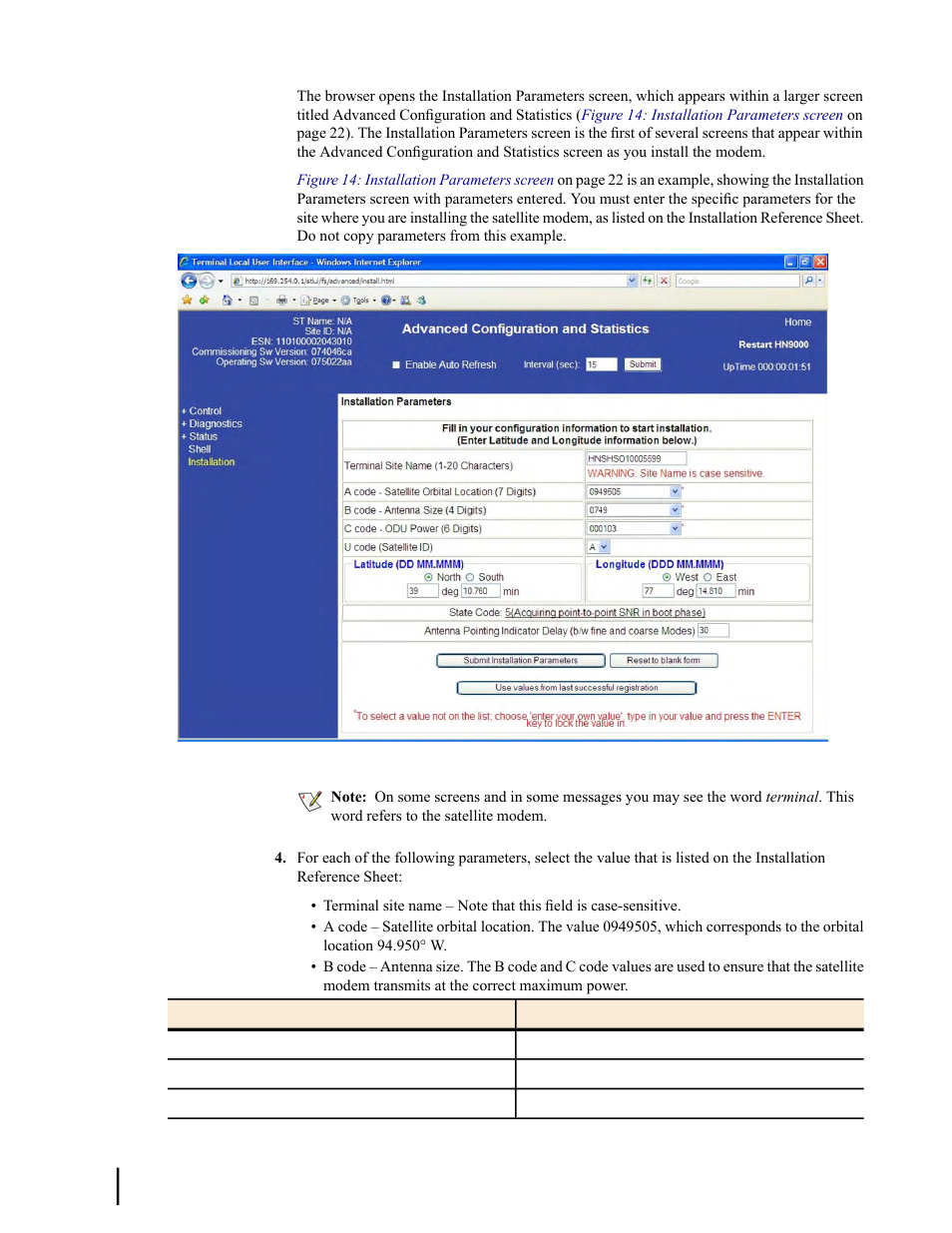 Figure 14: installation parameters screen | Hughes SATELLITE HN9000 User Manual | Page 38 / 154