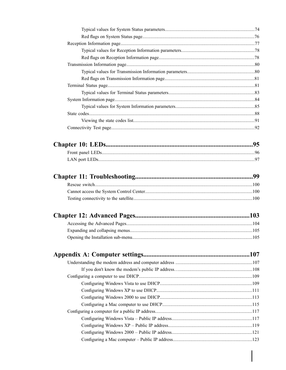 Chapter 10: leds, Chapter 11: troubleshooting, Chapter 12: advanced pages | Appendix a: computer settings | Hughes SATELLITE HN9000 User Manual | Page 5 / 154