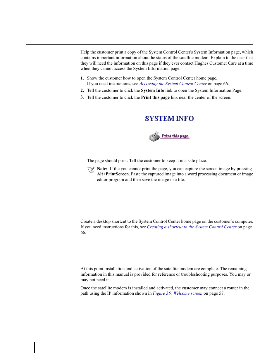 Creating a shortcut to the system control center, Installation and activation complete, Printing the system information page | Hughes SATELLITE HN9000 User Manual | Page 80 / 154