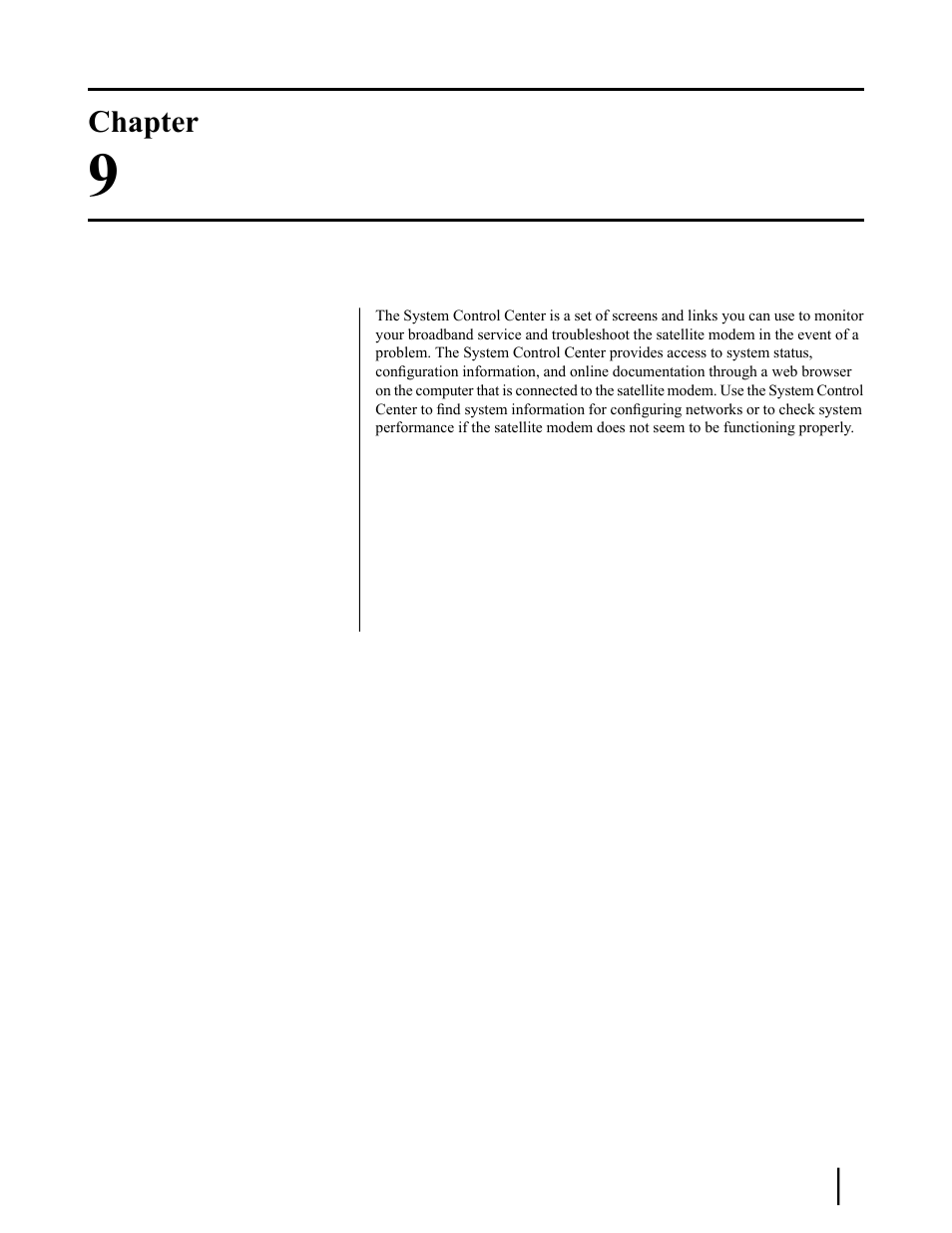 System control center, Chapter 9: system control center, Chapter | Hughes SATELLITE HN9000 User Manual | Page 81 / 154