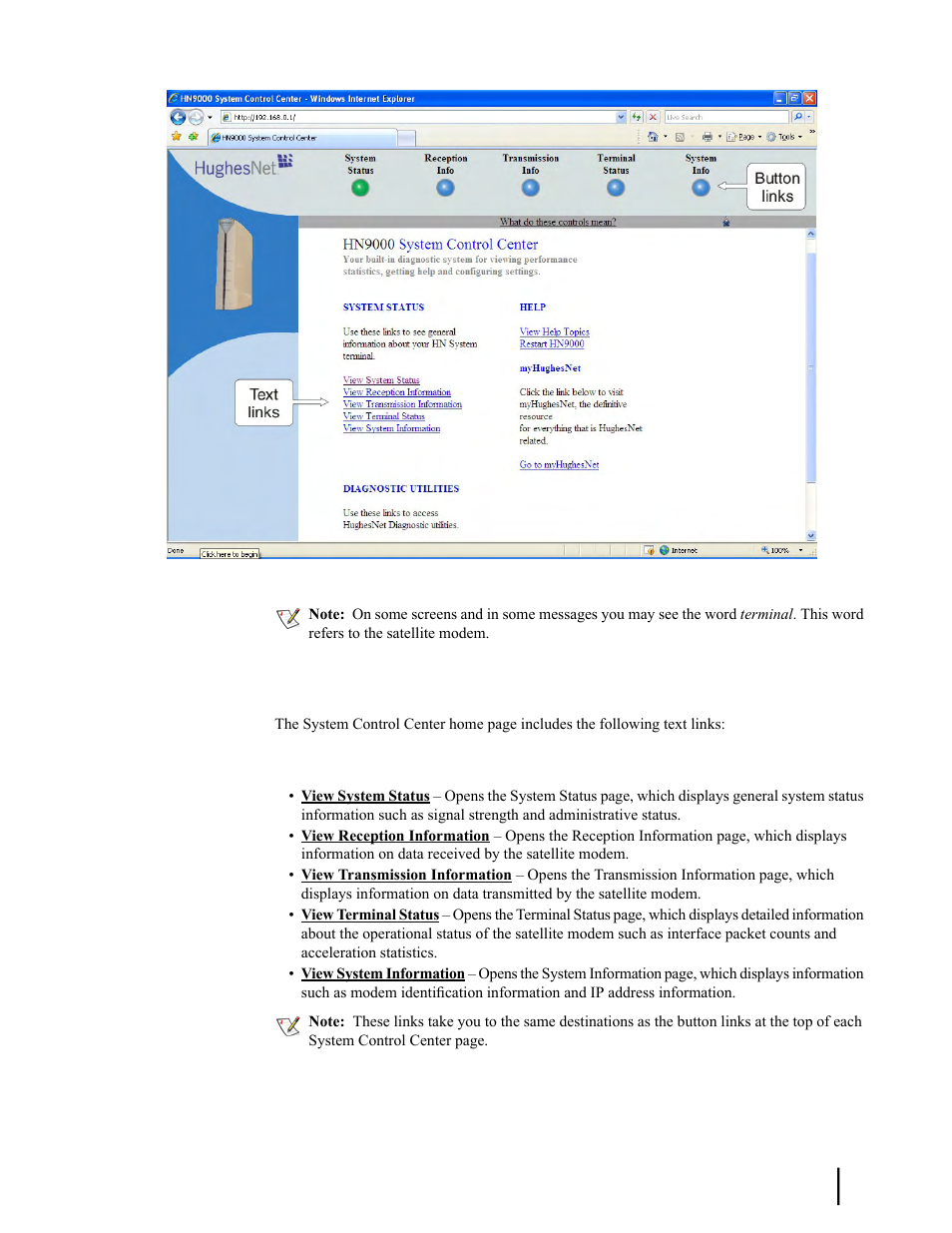 Text links, Figure 43: system control center | Hughes SATELLITE HN9000 User Manual | Page 83 / 154