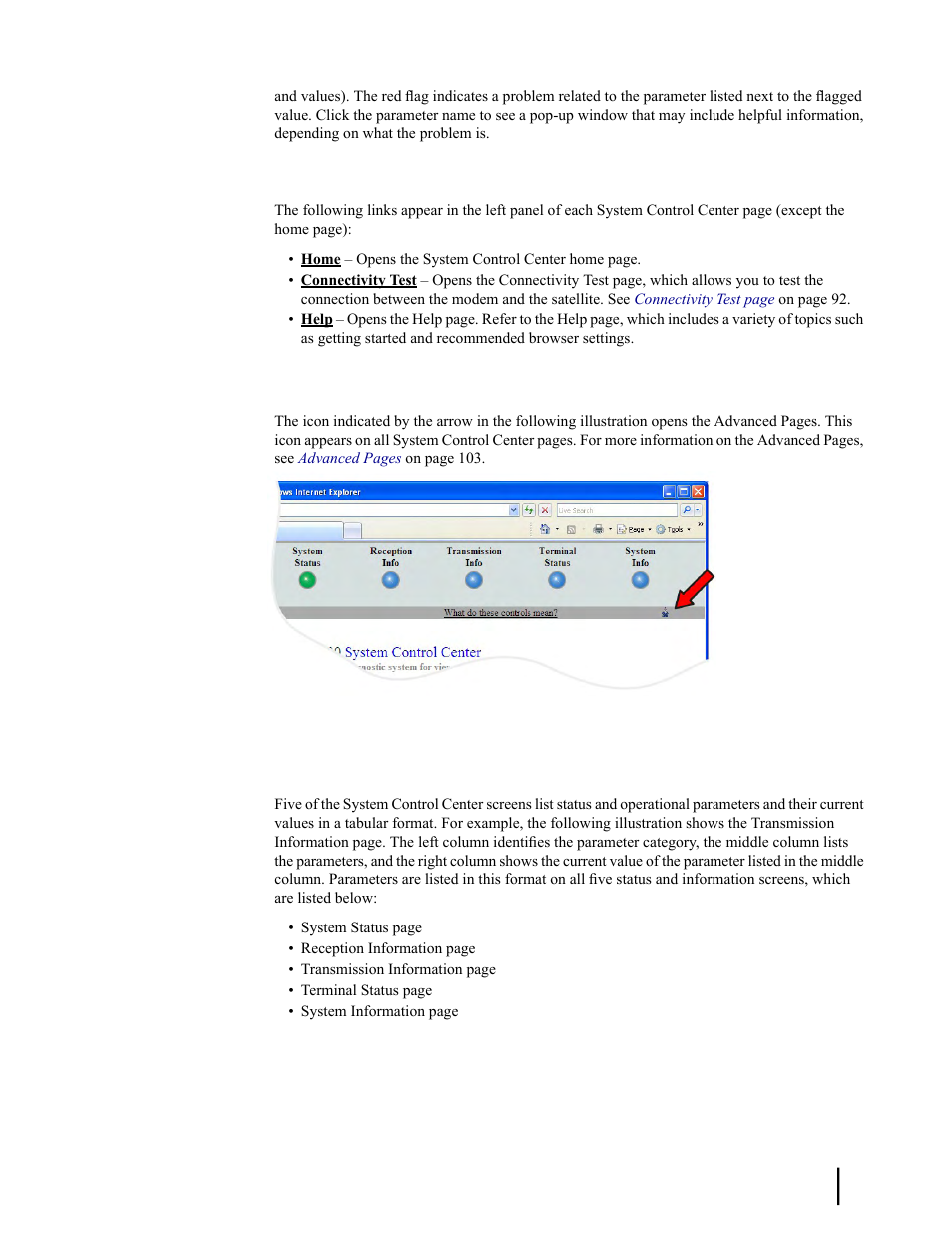 Links in left panel, Status and information screens | Hughes SATELLITE HN9000 User Manual | Page 87 / 154