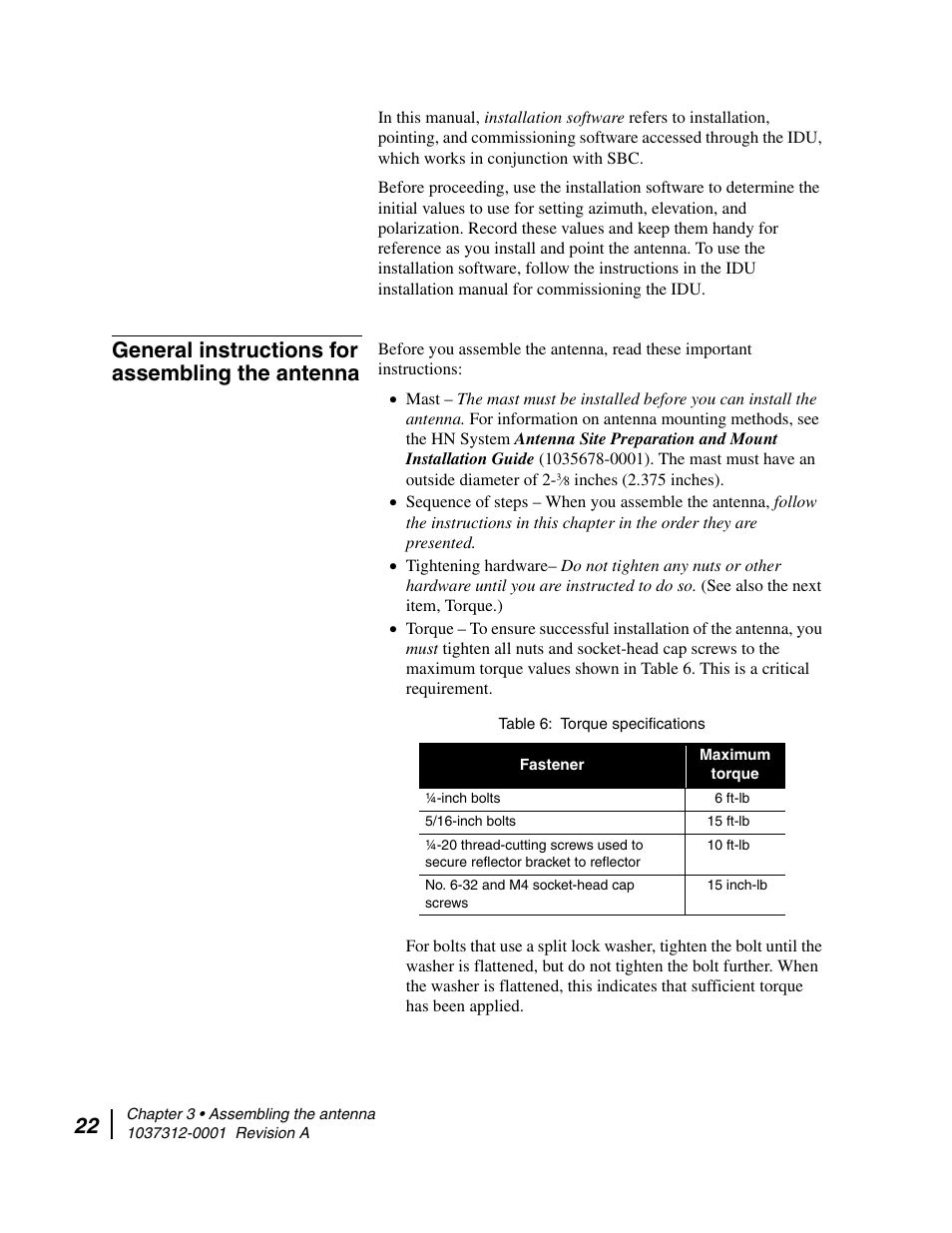 General instructions for assembling the antenna, Torque specifications | Hughes AN6-098P User Manual | Page 40 / 94