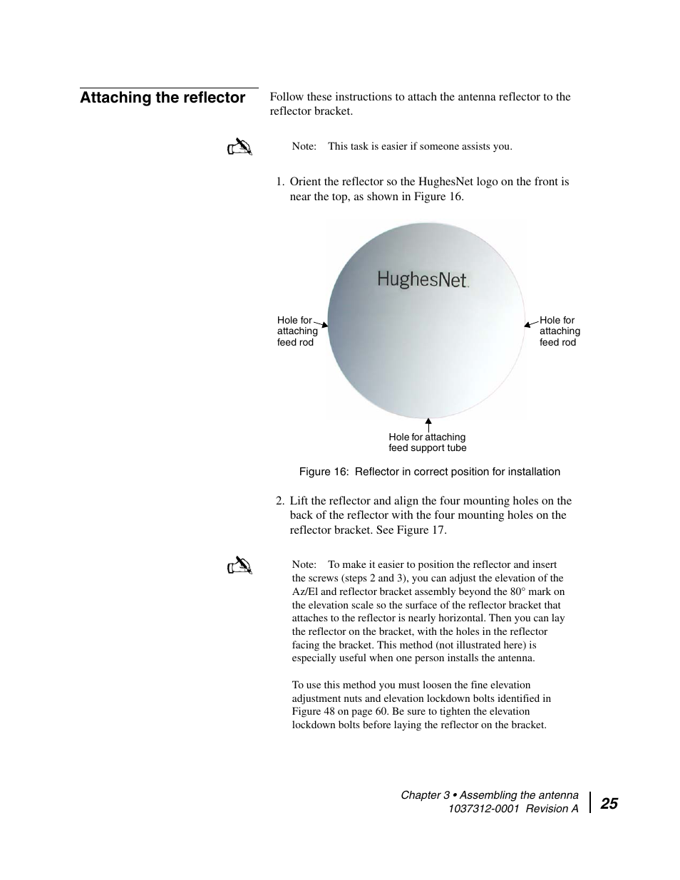 Attaching the reflector, Reflector in correct position for installation, 25 attaching the reflector | Hughes AN6-098P User Manual | Page 43 / 94