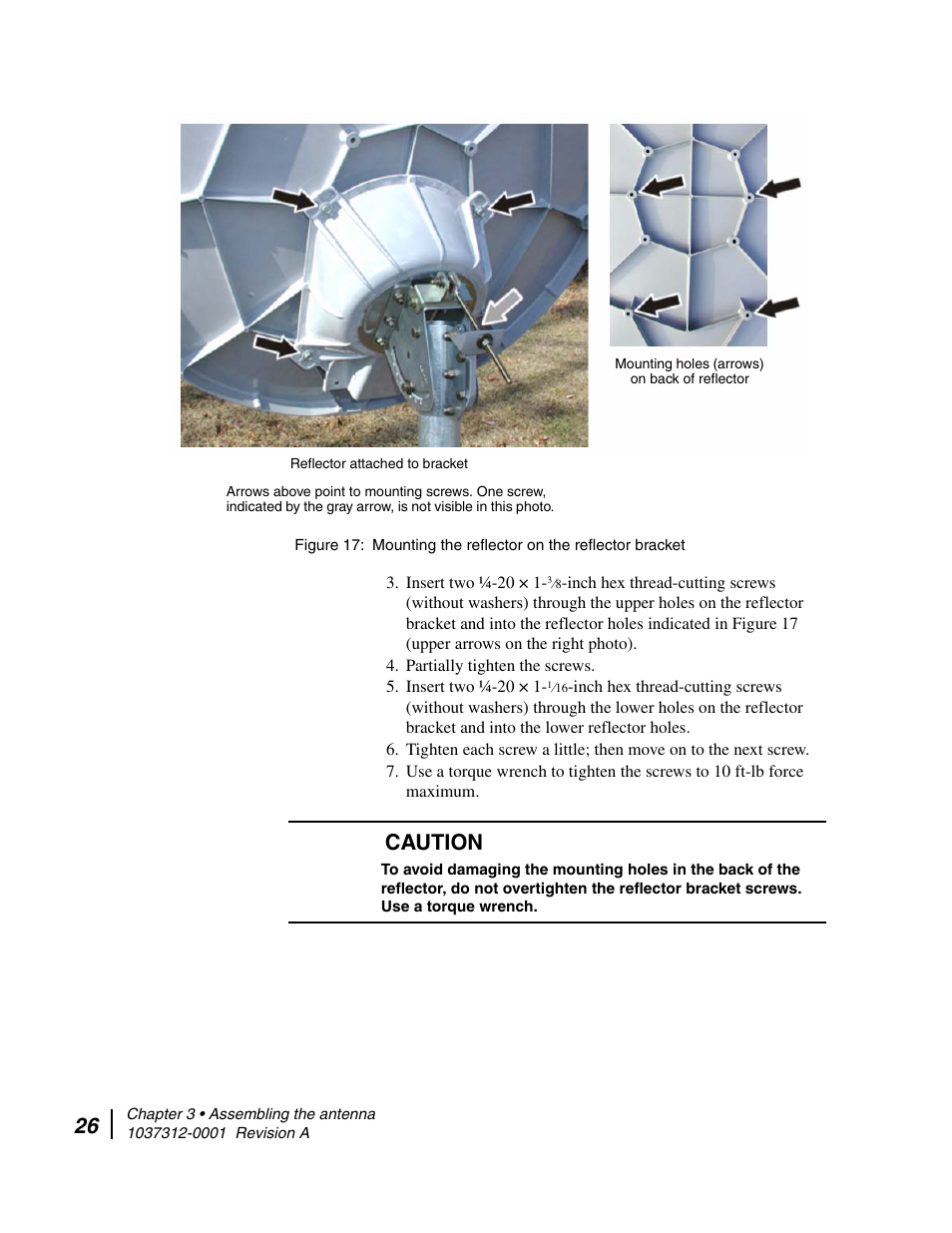 Mounting the reflector on the reflector bracket, Figure 17, 3), you | Caution | Hughes AN6-098P User Manual | Page 44 / 94