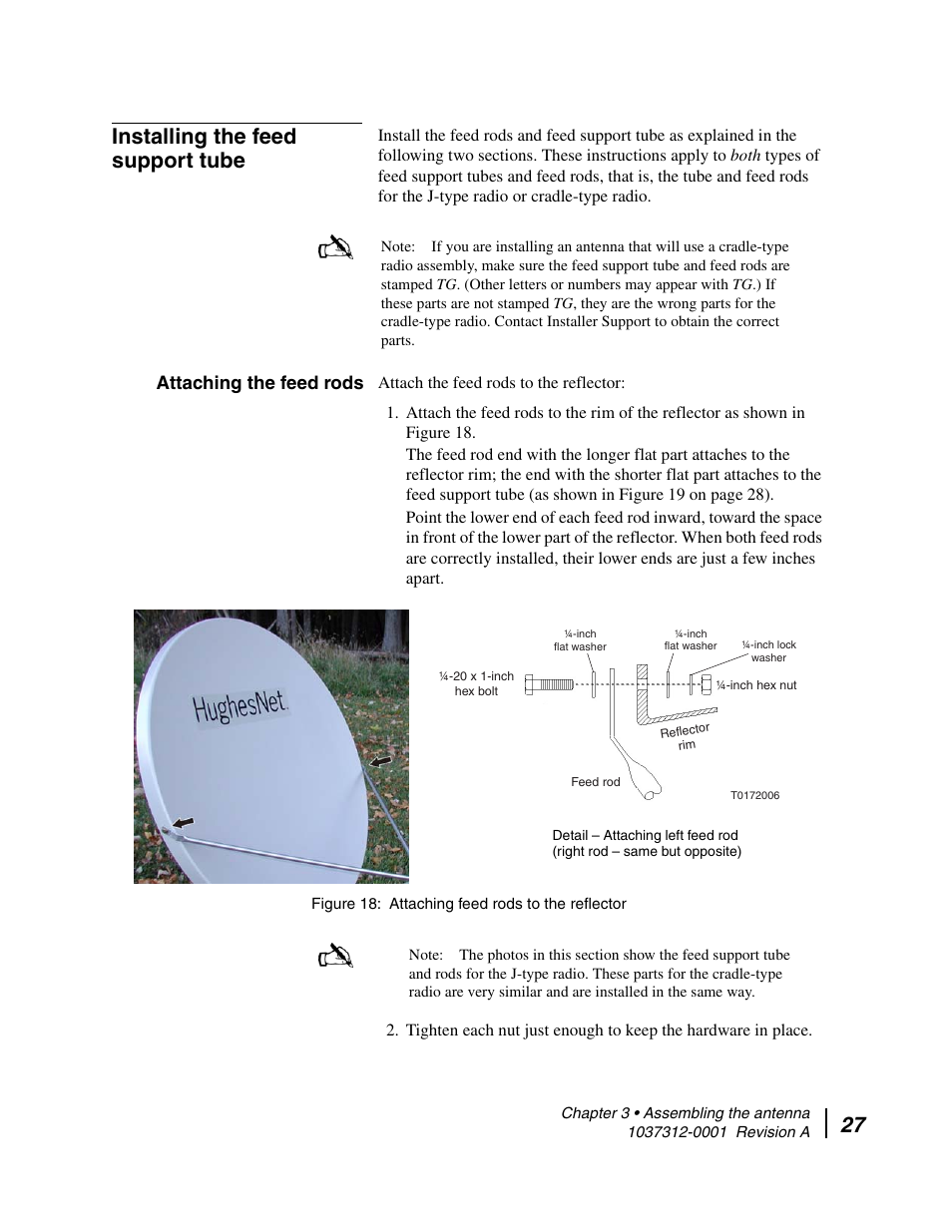 Installing the feed support tube, Attaching the feed rods, Attaching feed rods to the reflector | 27 installing the feed support tube | Hughes AN6-098P User Manual | Page 45 / 94