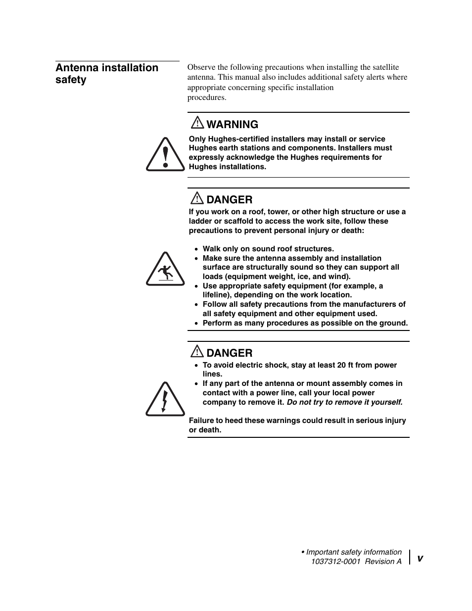 Antenna installation safety, Vantenna installation safety, Warning | Danger | Hughes AN6-098P User Manual | Page 5 / 94