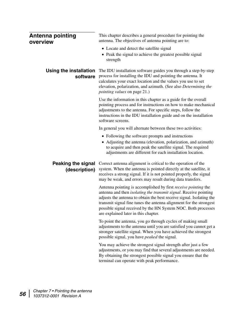 Antenna pointing overview, Using the installation software, Peaking the signal (description) | Hughes AN6-098P User Manual | Page 74 / 94