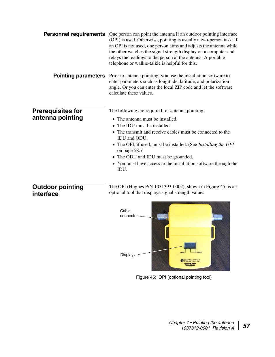Personnel requirements, Pointing parameters, Prerequisites for antenna pointing | Outdoor pointing interface, Personnel requirements pointing parameters, Opi (optional pointing tool) | Hughes AN6-098P User Manual | Page 75 / 94