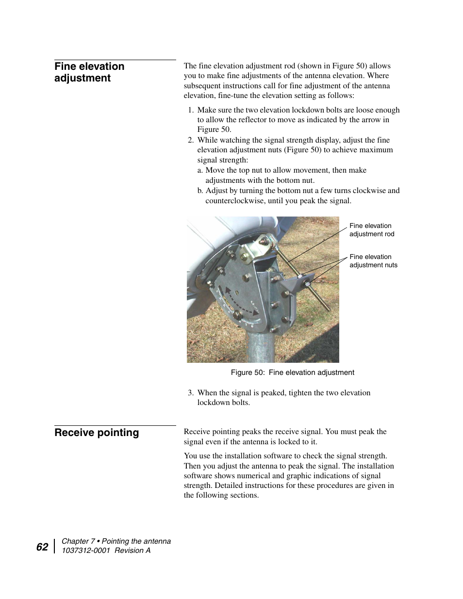 Fine elevation adjustment, Receive pointing, Fine elevation adjustment receive pointing | Hughes AN6-098P User Manual | Page 80 / 94