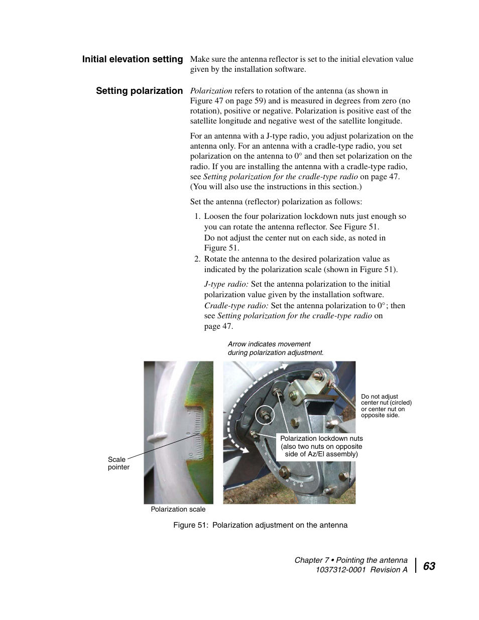 Initial elevation setting, Setting polarization, Initial elevation setting setting polarization | Polarization adjustment on the antenna | Hughes AN6-098P User Manual | Page 81 / 94