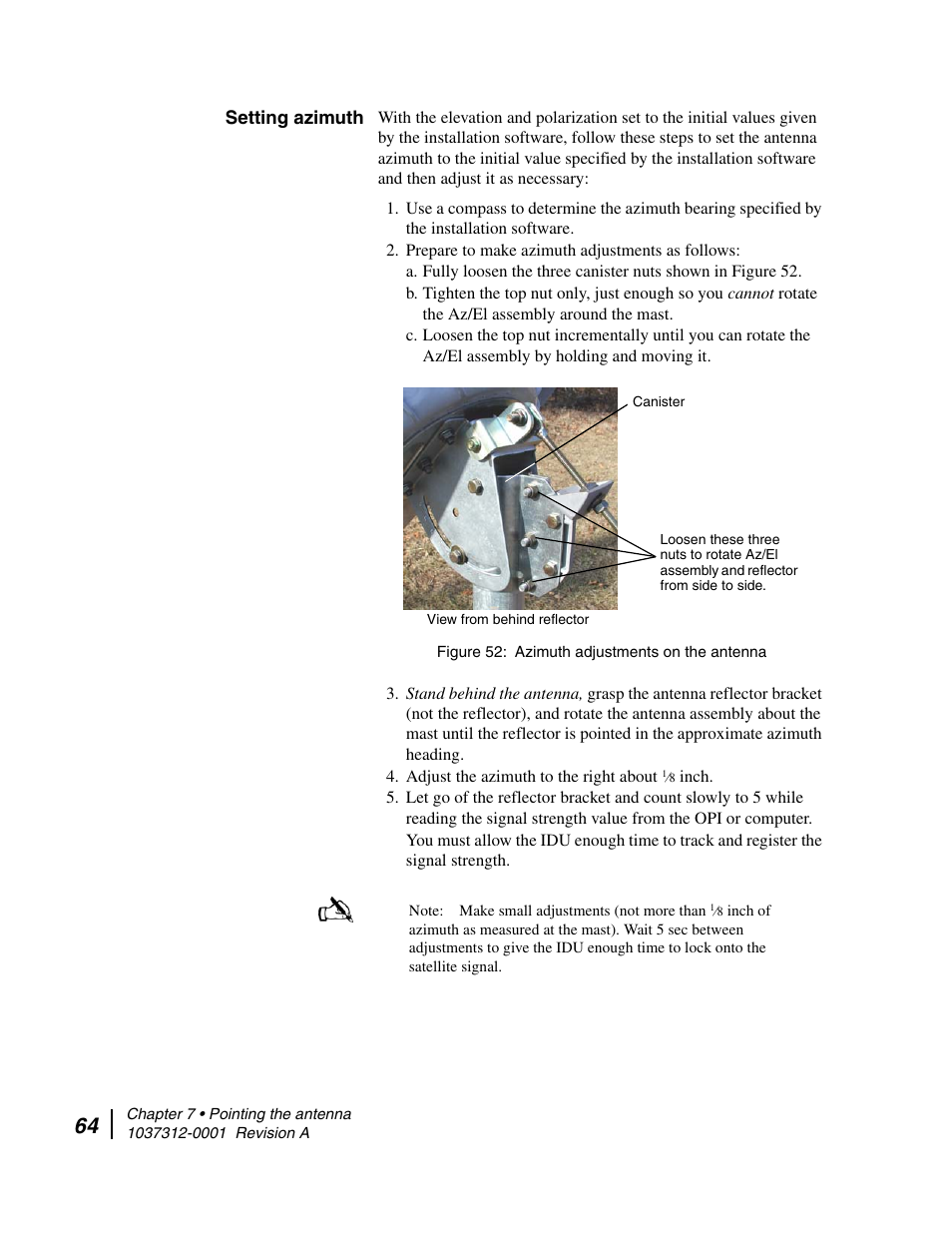 Setting azimuth, Azimuth adjustments on the antenna | Hughes AN6-098P User Manual | Page 82 / 94