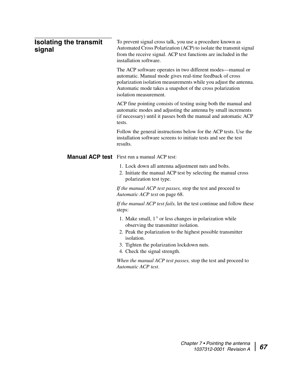 Isolating the transmit signal, Manual acp test, 67 isolating the transmit signal | Hughes AN6-098P User Manual | Page 85 / 94