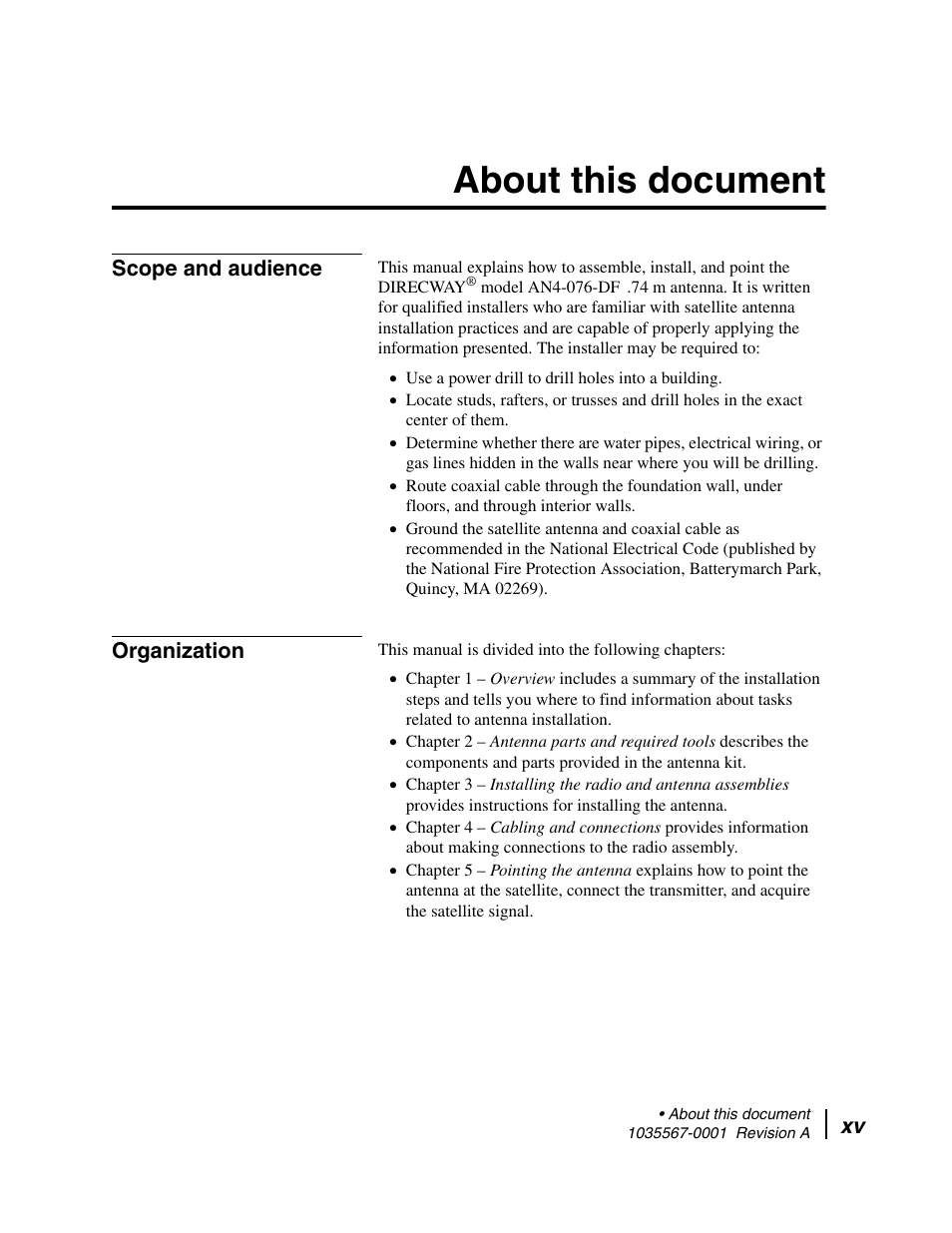 About this document, Scope and audience, Organization | Hughes DIRECWAY AN4-074-DF User Manual | Page 15 / 72