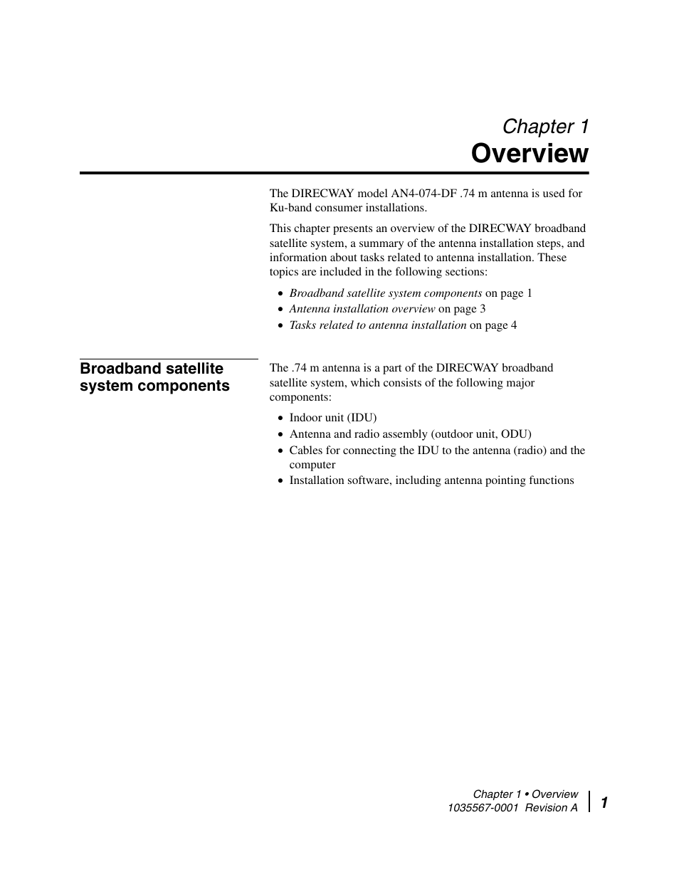 Overview, Broadband satellite system components, Chapter 1 overview | Chapter 1, Chapter 1 – overview | Hughes DIRECWAY AN4-074-DF User Manual | Page 17 / 72