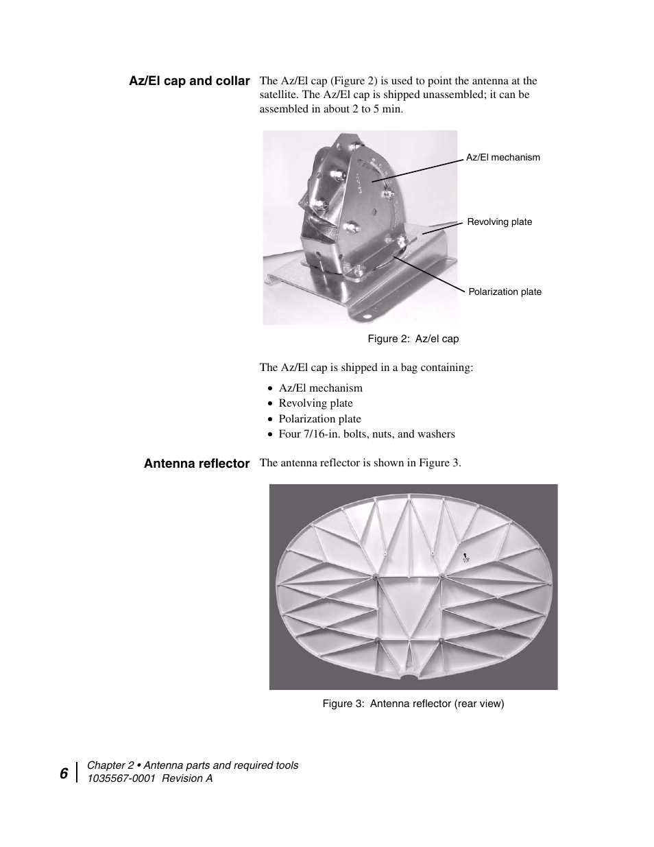 Az/el cap and collar, Antenna reflector, Az/el cap and collar antenna reflector | Az/el cap 3. antenna reflector (rear view) | Hughes DIRECWAY AN4-074-DF User Manual | Page 22 / 72